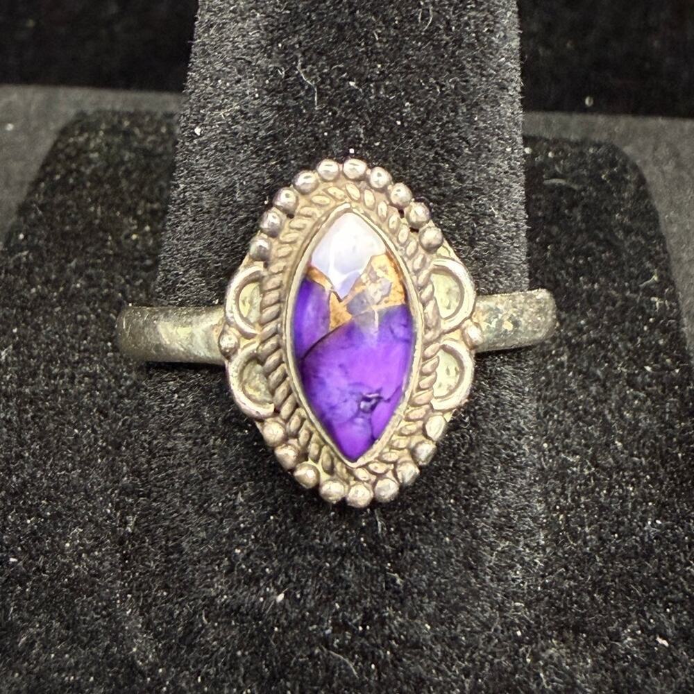 Vintage Solid 925 Sterling Silver Purple Dahlia Turquoise Ring Size 9